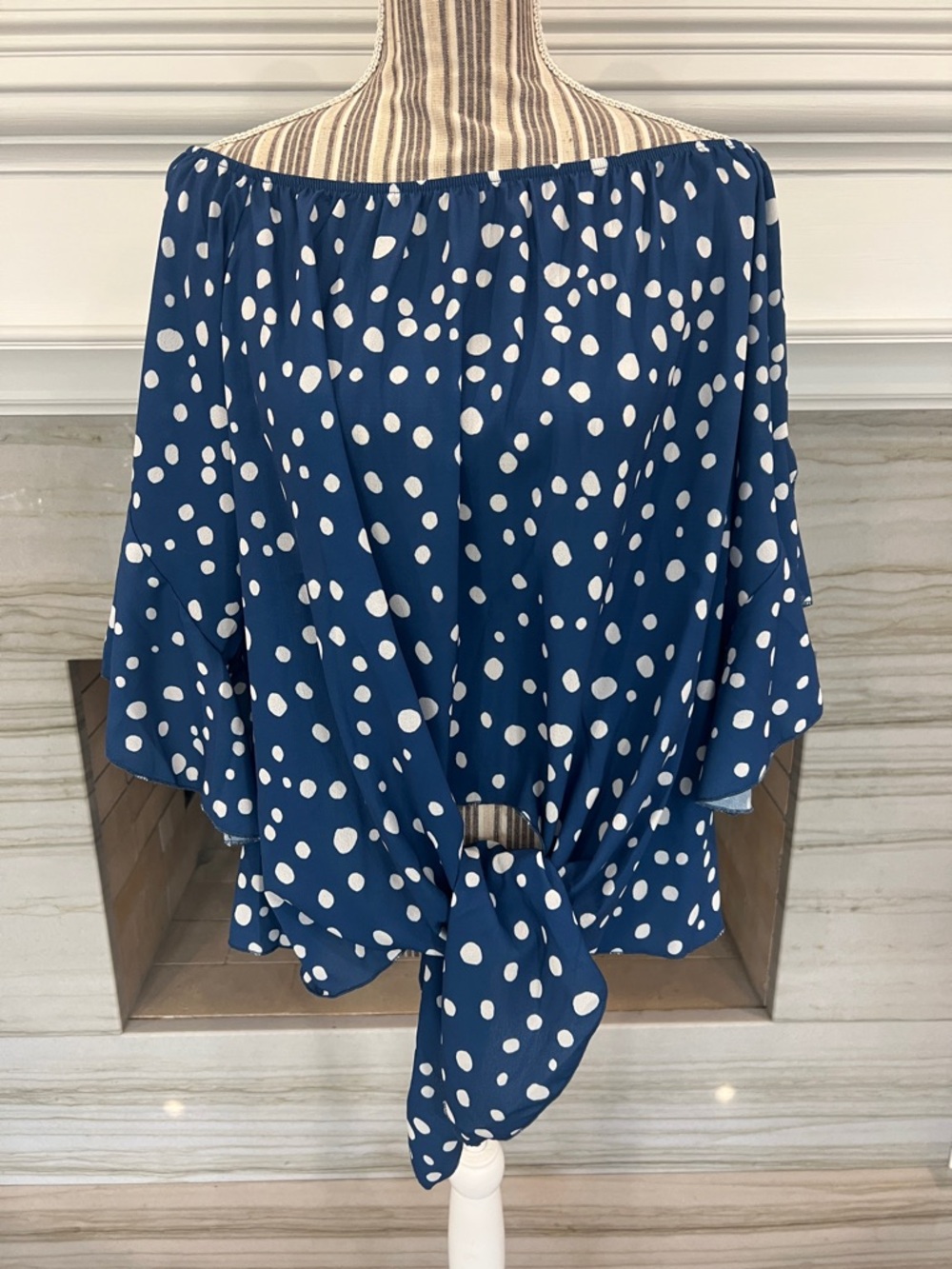 Blue Polka Dot Off-Shoulder Tie Front Top